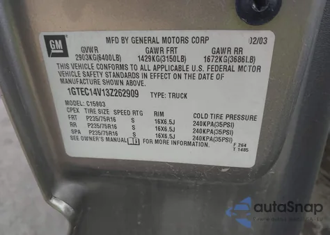 2003 GMC Sierra 1500 Work Truck from USA, damaged, VIN 1GTEC14V13Z262909